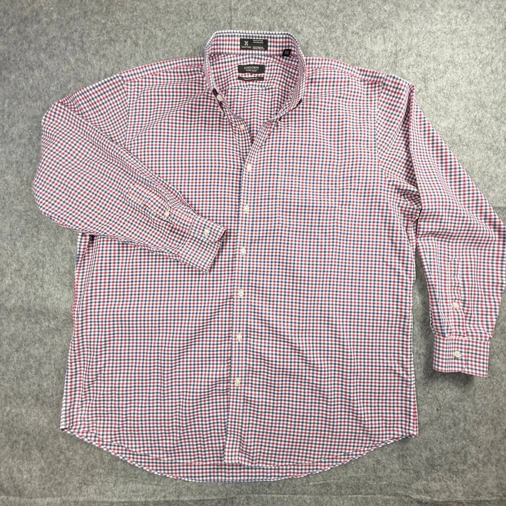 Nordstrom Mens Shop Smartcare Gingham Shirt Red White Blue 18 35 Traditional Fit